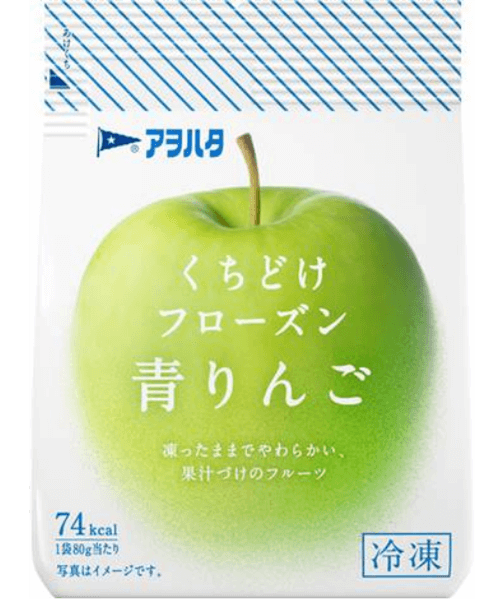 商品画像：アヲハタ　凍ったままでやわらかい、果汁づけのフルーツ　くちどけフローズン青りんご