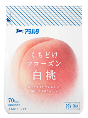 商品画像：アヲハタ　凍ったままでやわらかい、果汁づけのフルーツ　くちどけフローズン白桃