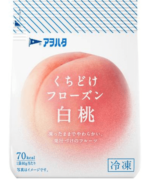 商品画像：アヲハタ　凍ったままでやわらかい、果汁づけのフルーツ　くちどけフローズン白桃