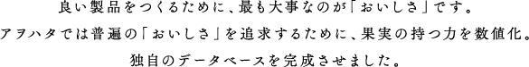 良い製品をつくるために、もっとも大事なのが「おいしさ」です。アヲハタでは普通の「おいしさ」を追求するために、果実の持つ力を数値化。独自のデータベースを完成させました。